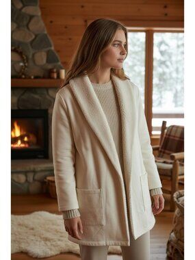 Eddie Bauer Cream Sherpa Lined Cardigan Jacket Cozy Minimalist Layer Size M